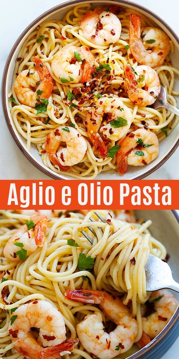 Spaghetti Aglio e Olio with Shrimp - super easy and delicious spaghetti with garlic, olive oil, shrimp and red pepper flakes. Amazing dinner for the family.