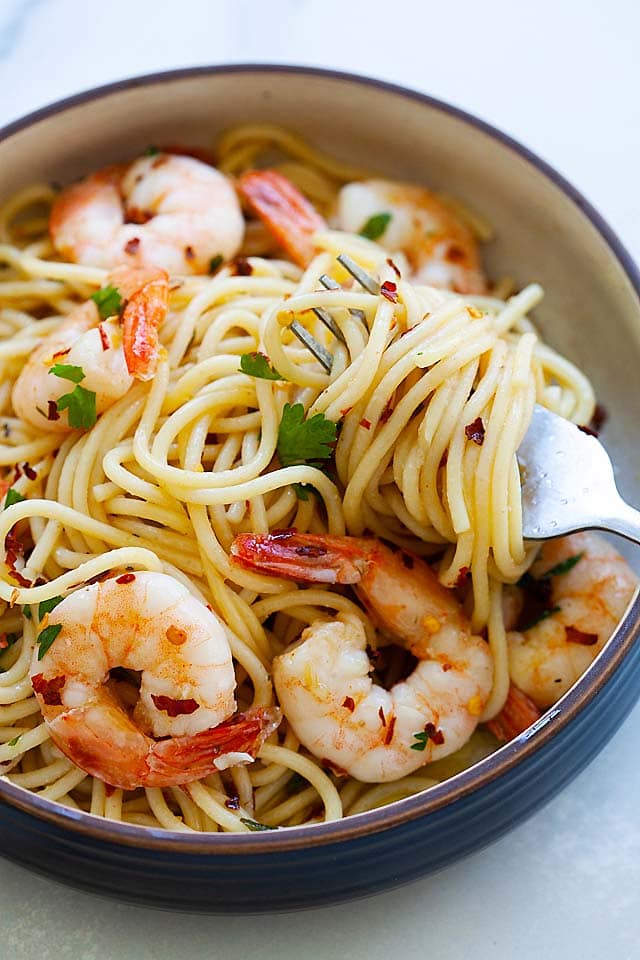 Pasta aglio e olio with shrimp, olive oil and garlic.