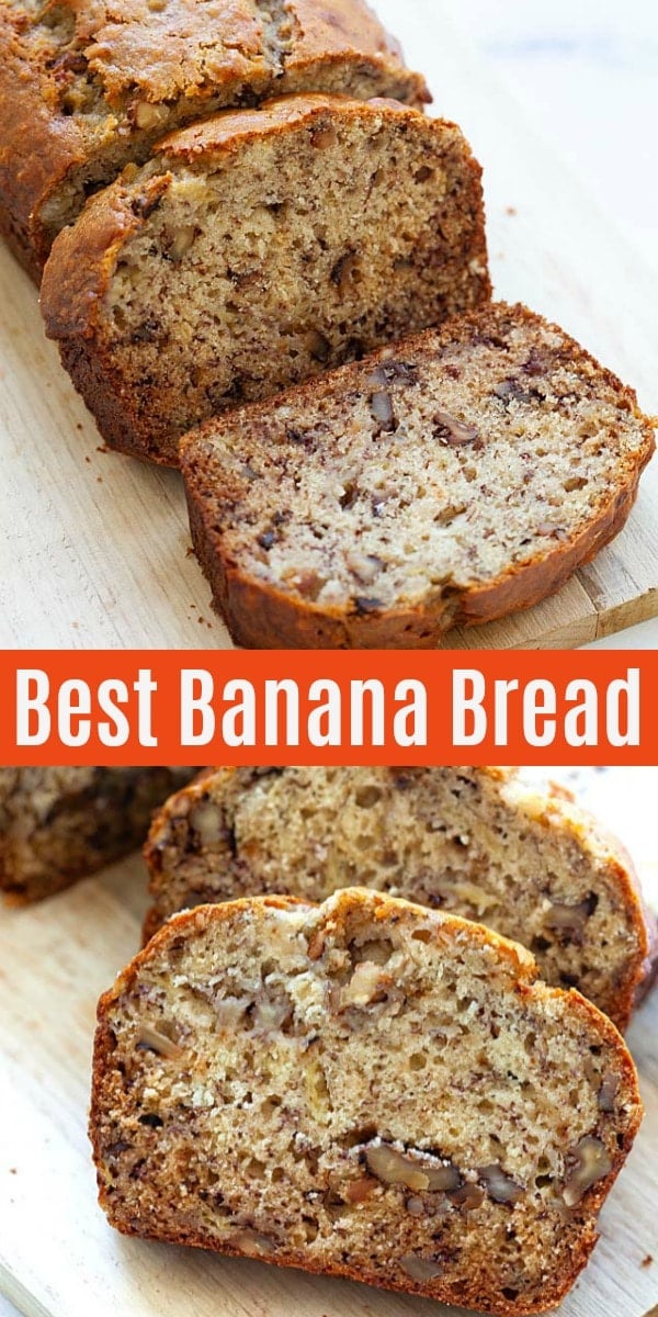 Best banana bread recipe with overripe bananas, walnuts and brown sugar. This recipe is so easy and can be made by hands, without a mixer. The banana bread is crazy moist, sweet, loaded with bananas and walnut!