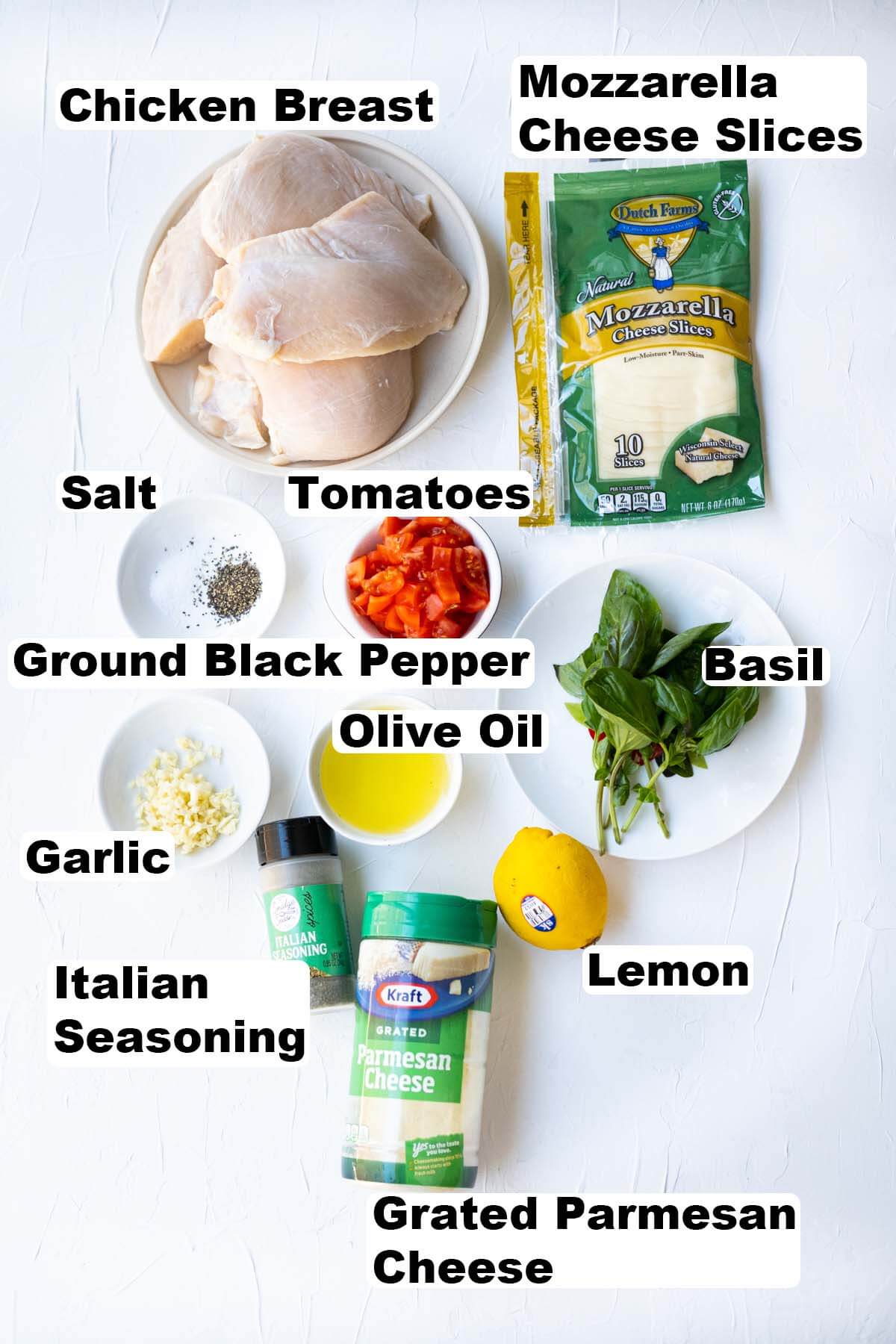 Ingredients for bruschetta chicken recipe. 