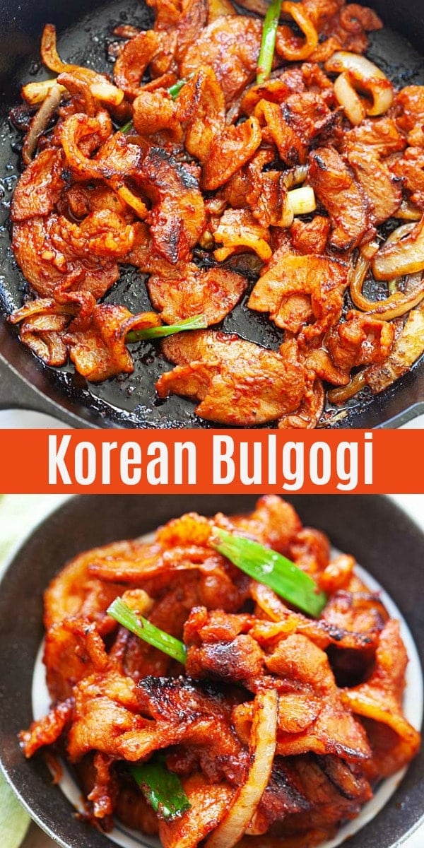 Authentic and easy bulgogi recipe with sliced pork belly and Korean red chili paste. Bulgogi is great with steamed rice as a bulgogi bowl or wrapped with lettuce or Perilla leaves.
