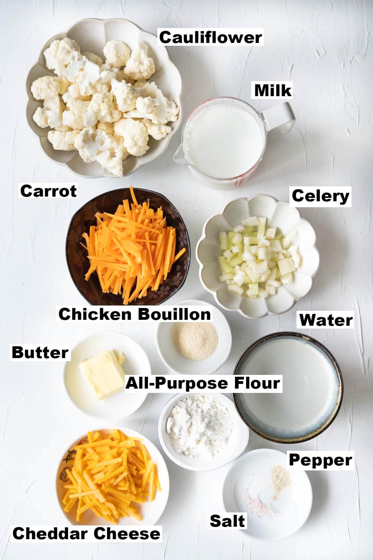 Ingredients for cauliflower soup recipe. 
