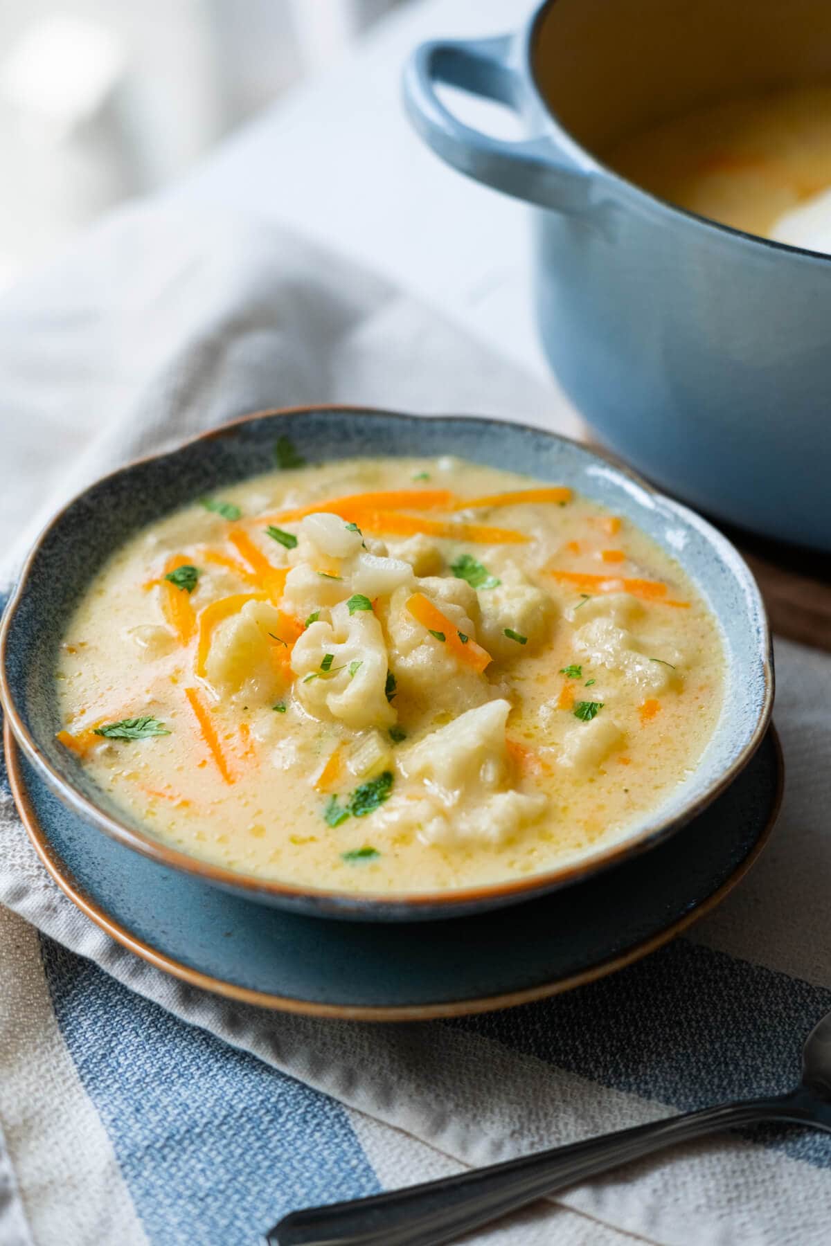 Delicious creamy yellow soup with cauliflower florets and carrot shreds served in a small bowl. 