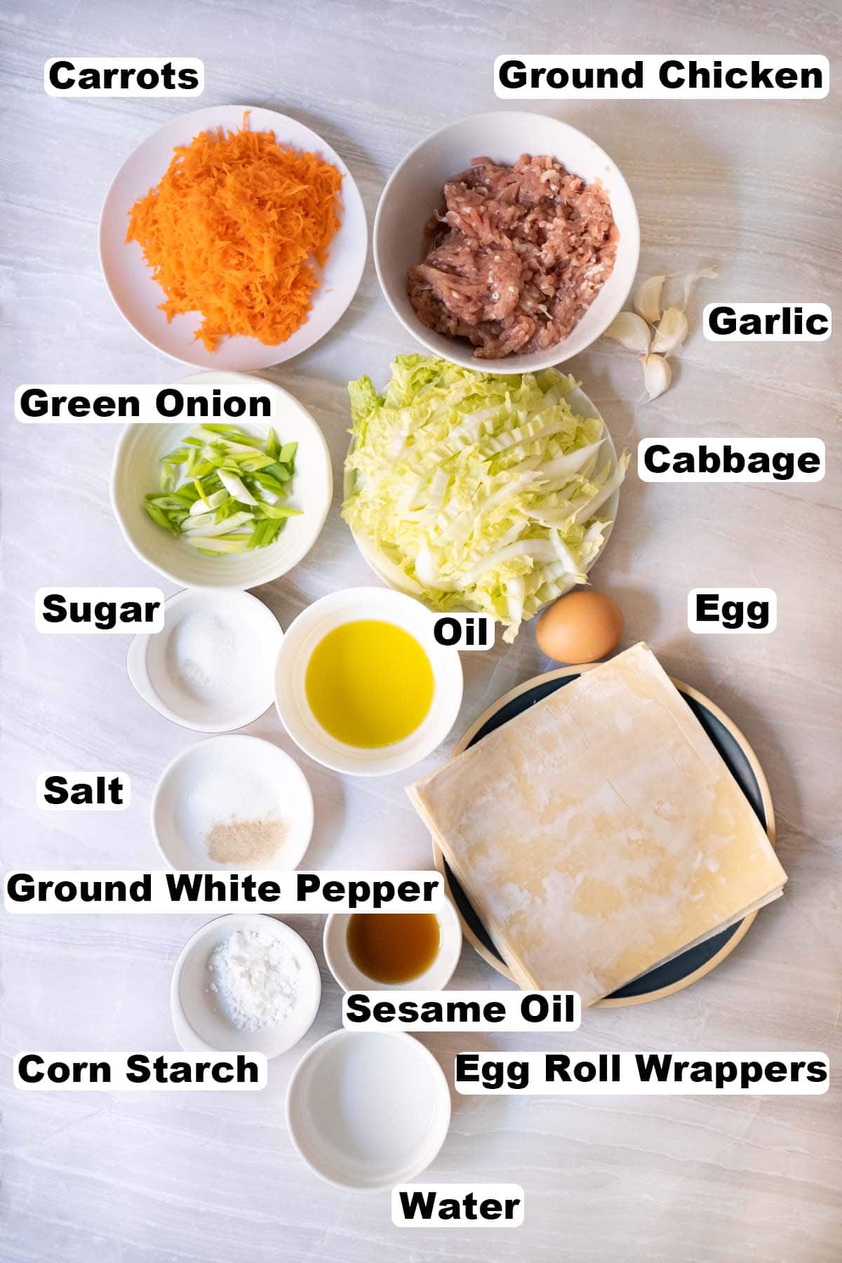 Ingredients for chicken egg rolls recipe. 