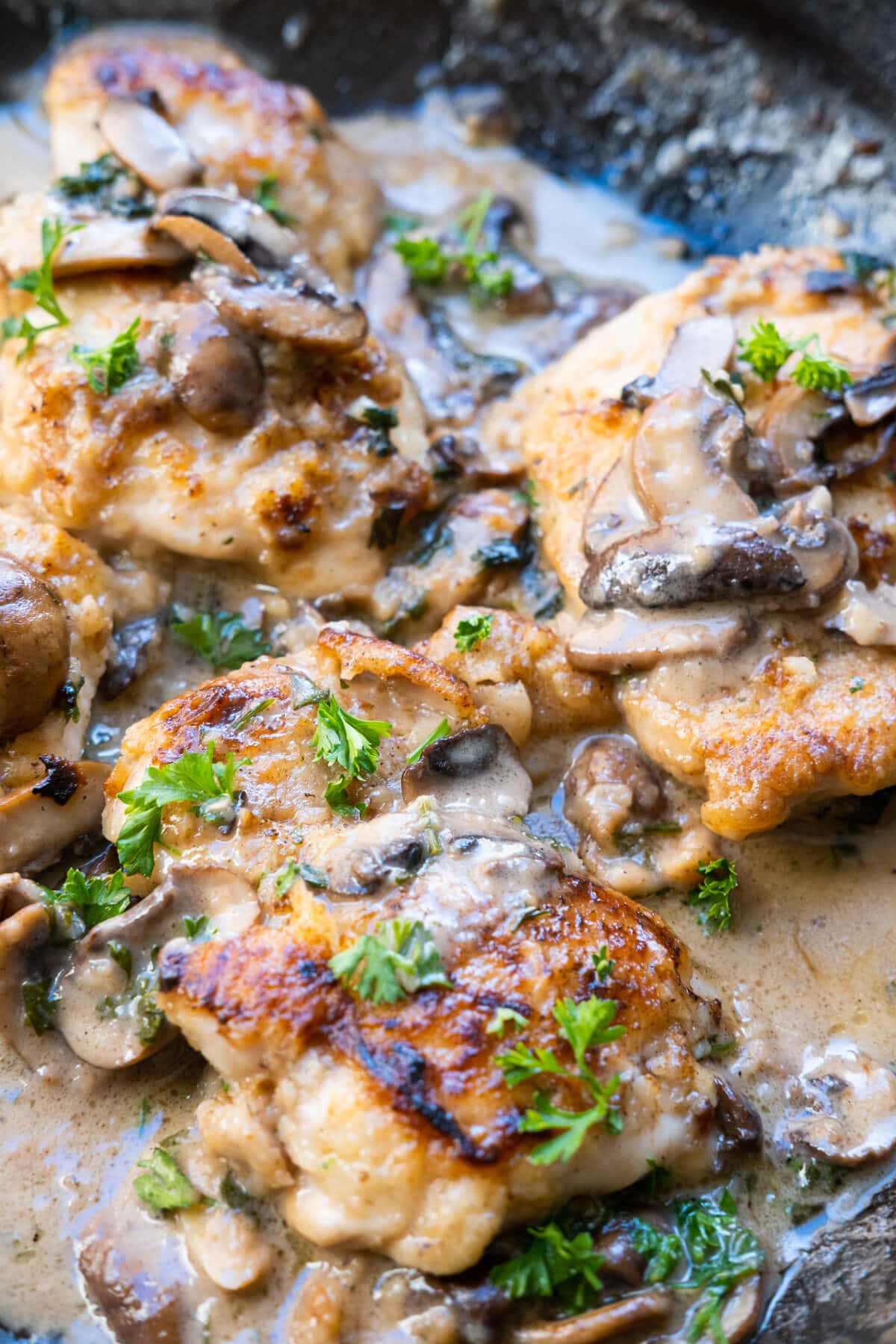 Tender chicken pieces and mushrooms in a savory Marsala wine sauce topped with parsley. 