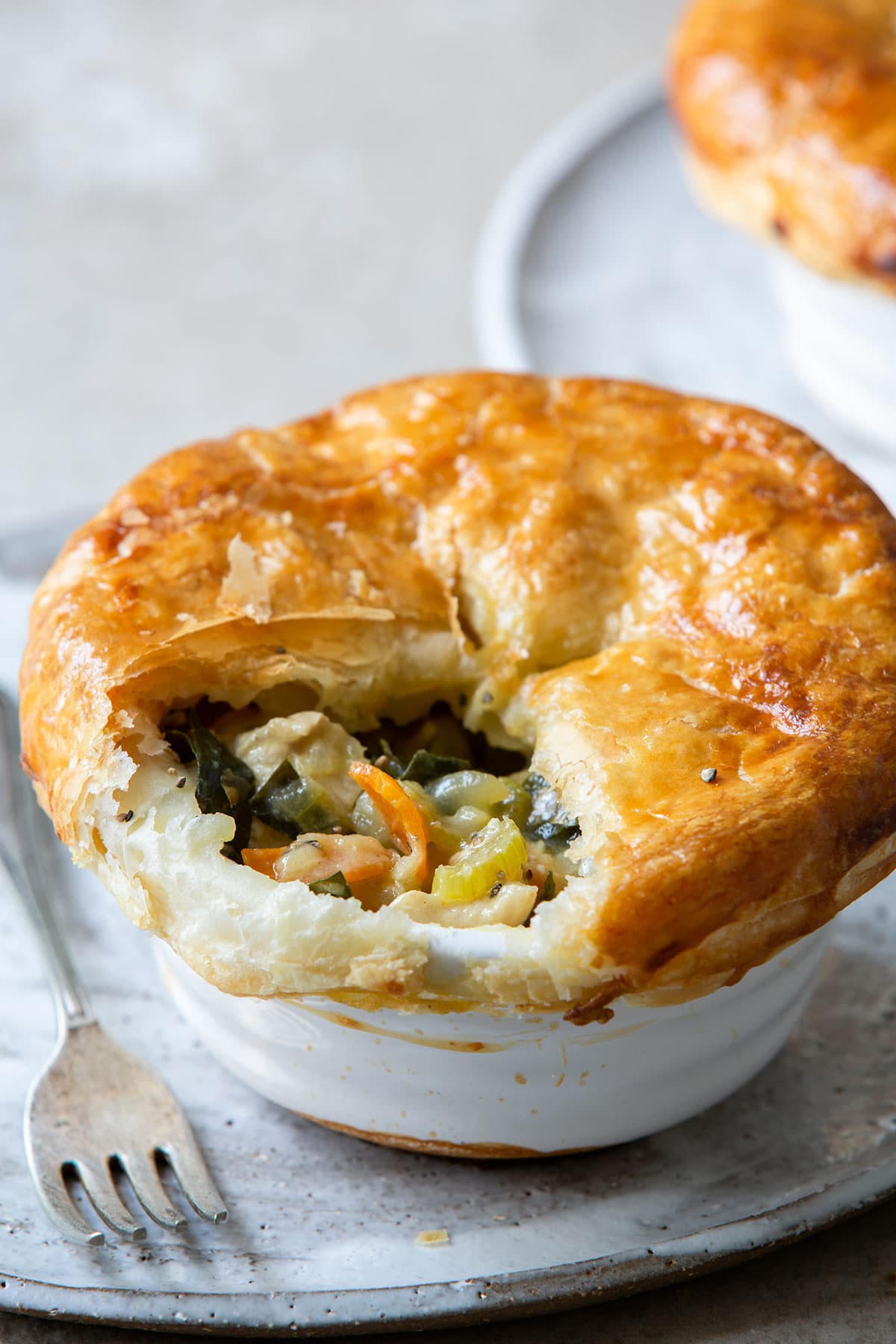 A close up shot of a potpie with its crunchy crust cut through revealing its inside savory chicken filling. 