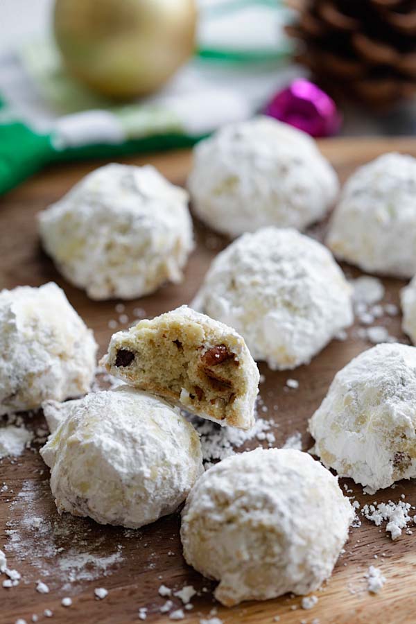 Easy and delicious festive sugar-covered chocolate chips and pecan cookies.