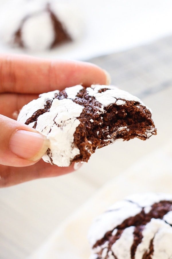 A hand holding a piece of chocolate crinkle cookie.