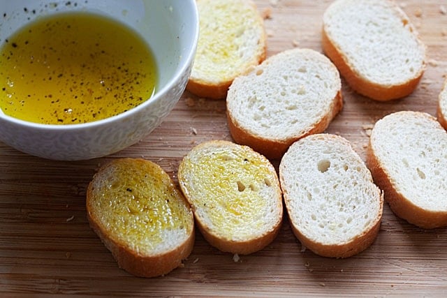 Crostini bread, sliced into pieces and brushed with olive oil.