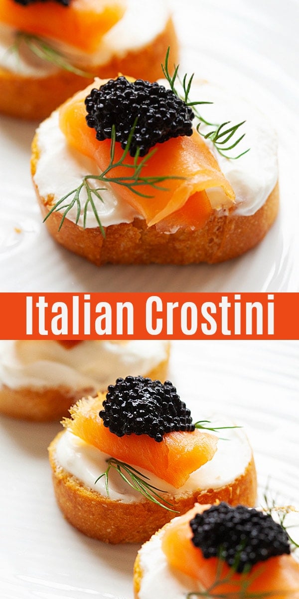 Easy and the best Crostini recipe with sour cream, smoked salmon, caviar and dill. Slice and toast Italian bread and assemble with Crostini toppings for the best appetizers.