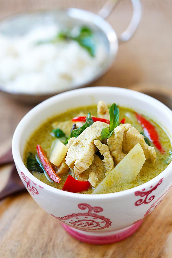 Green curry in a bowl.