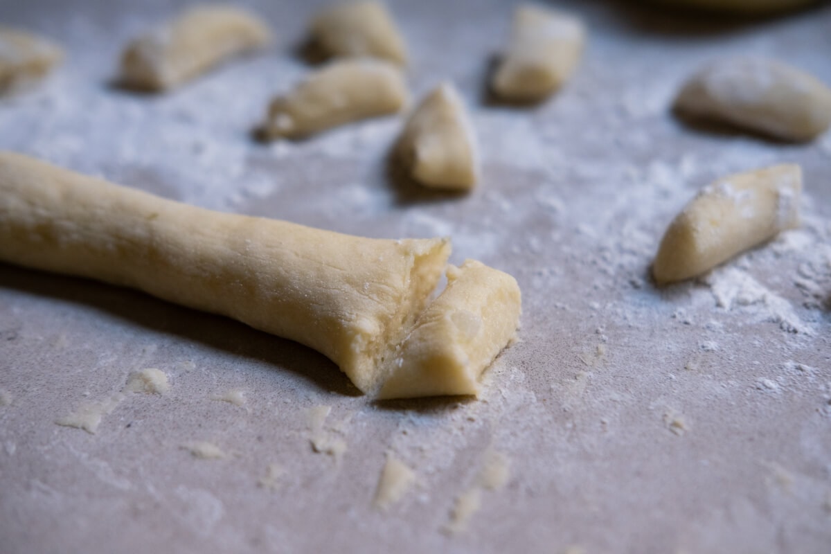 Gnocchi dough cut into small pieces.