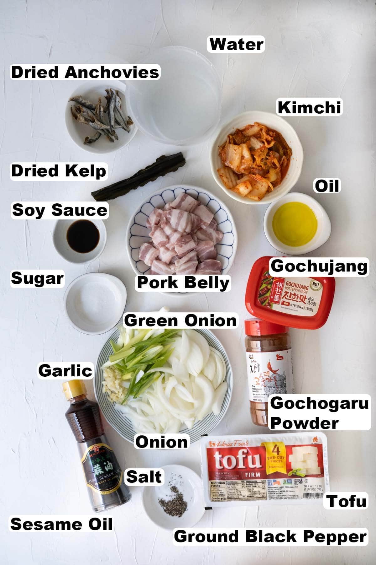 Ingredients for easy kimchi jjigae recipe.
