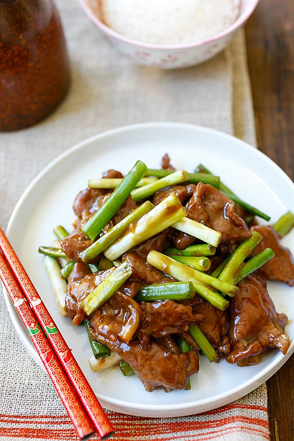 Mongolian beef with scallions and Chinese brown sauce.