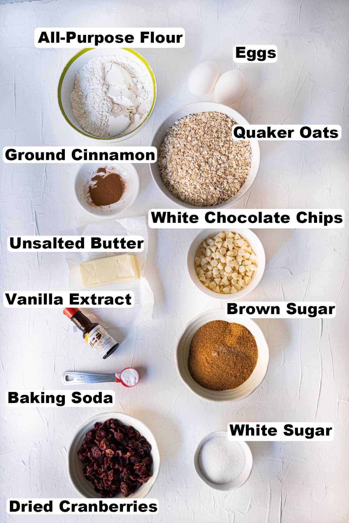 Ingredients for oatmeal chocolate cranberry cookies recipe.