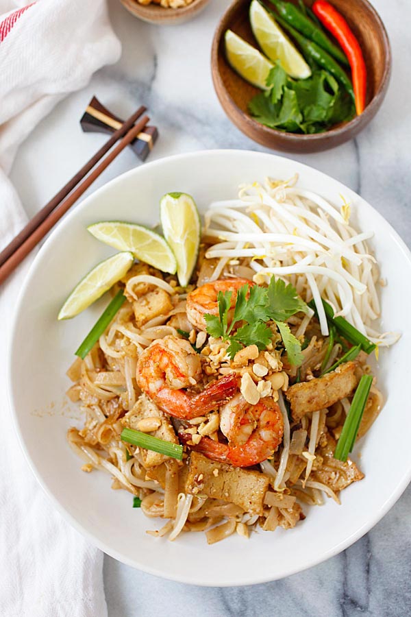 The best shrimp pad thai, made super easy with bean sprouts, chives, and limes.