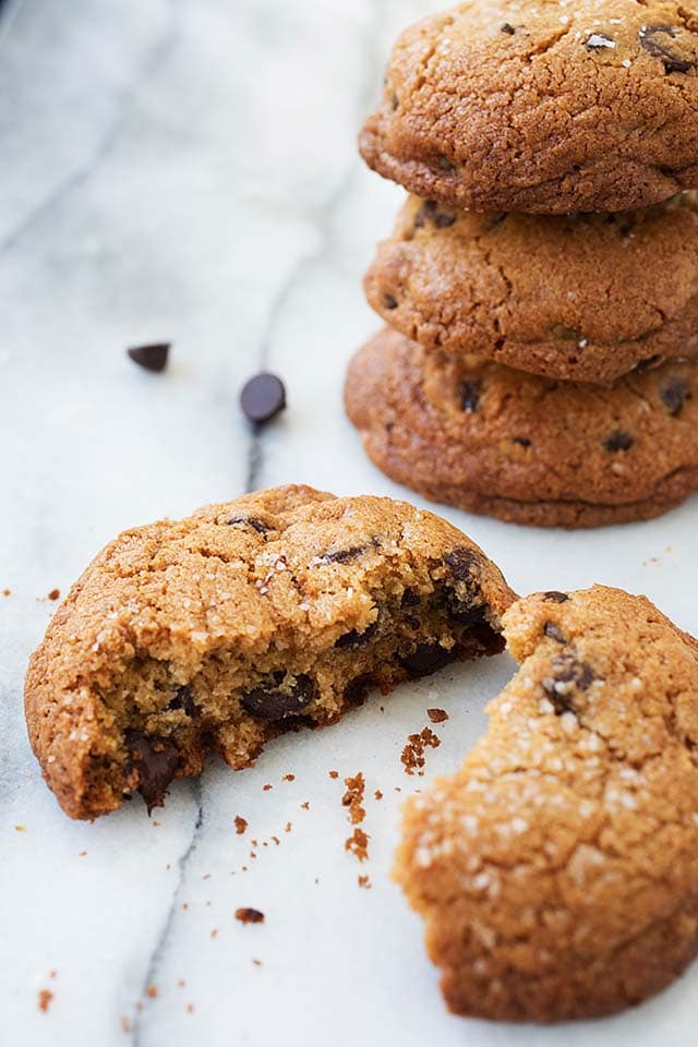A stack of salted chocolate chip cookies.