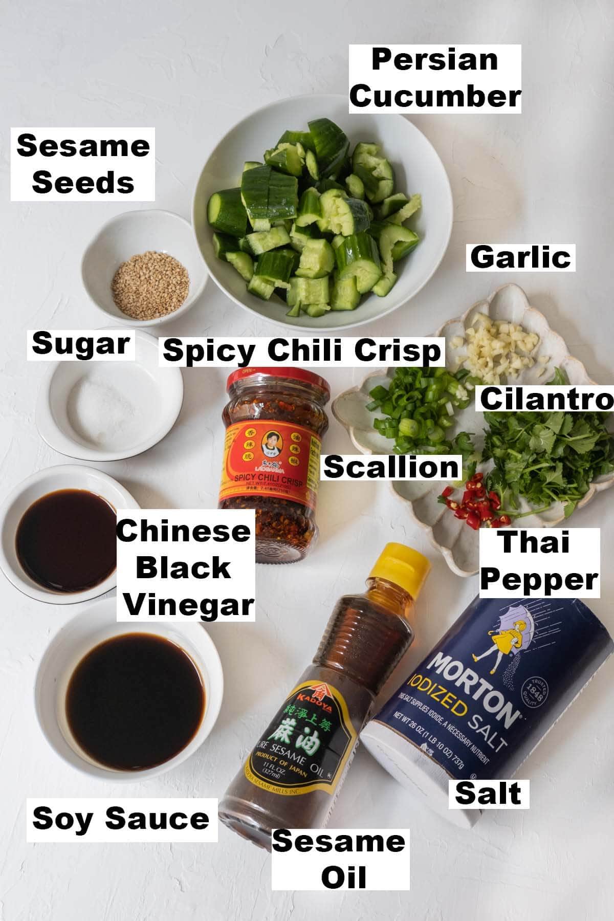 Ingredients for smashed cucumber salad recipe.