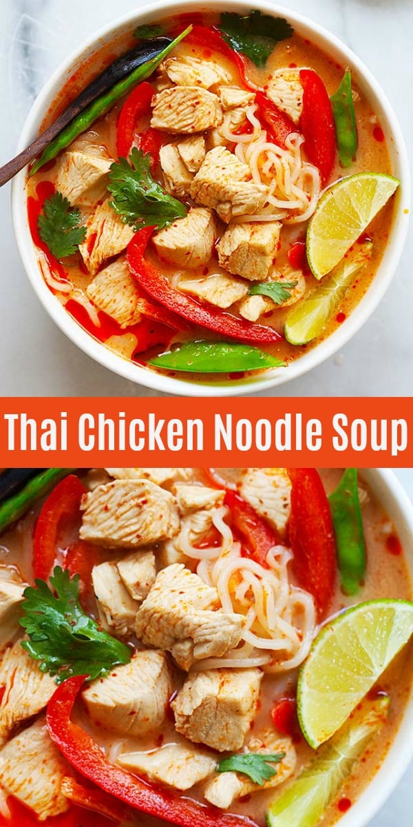 Thai Chicken Noodle Soup - authentic and easy Thai coconut chicken soup broth with noodles and vegetables. This recipe is so easy to make at home and tastes just like restaurants.