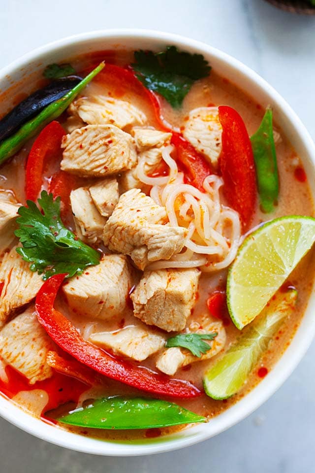 Thai chicken noodles soup recipe made in a bowl, ready to serve.