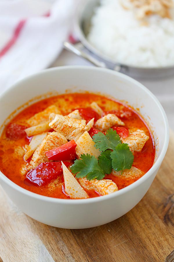 Delicious Thai chicken curry made with red curry paste in a bowl, ready to serve