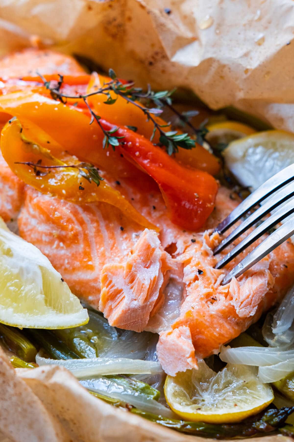A closed up shot of the fresh and delicious buttery flavored salmon pulled apart by a fork. 